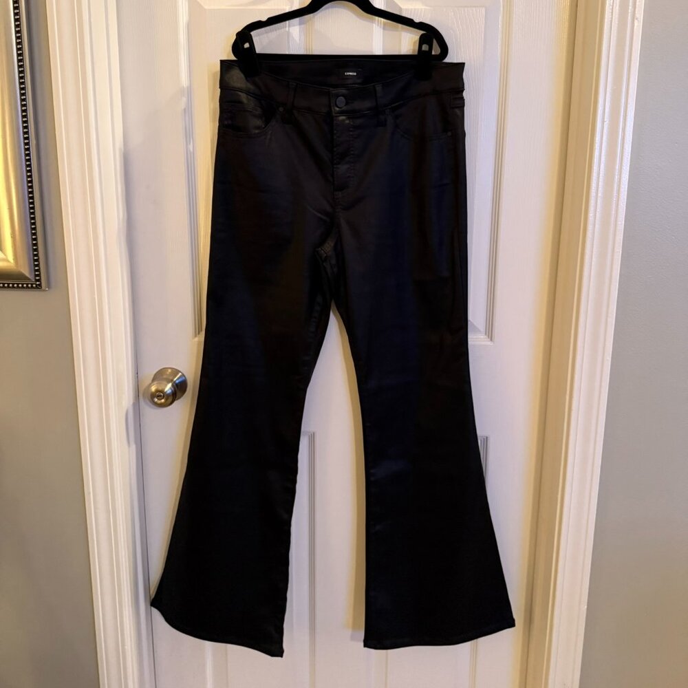 Express Black Faux Matte Leather Jeans Pants 10S Short 70's Flare Mid Rise
